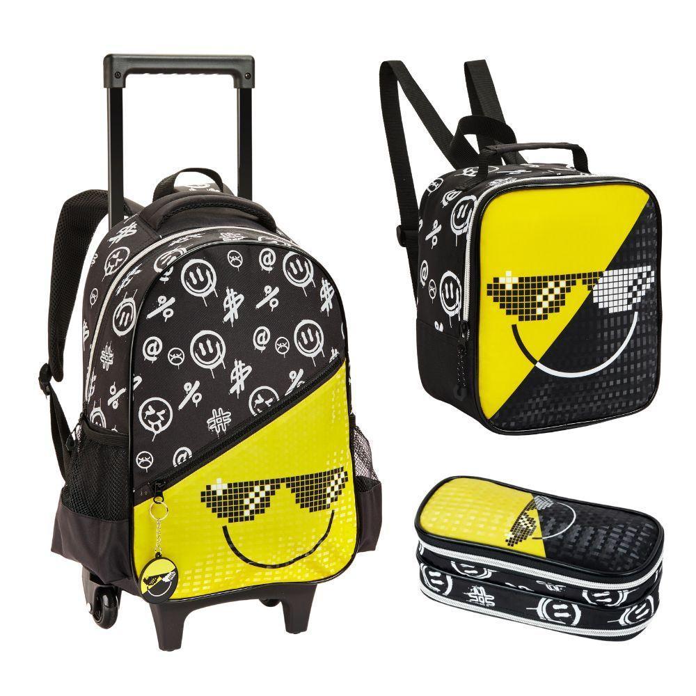 Kit Mochila De Rodinhas + Lancheira + Estojo Duplo Emoji Denlex - 1