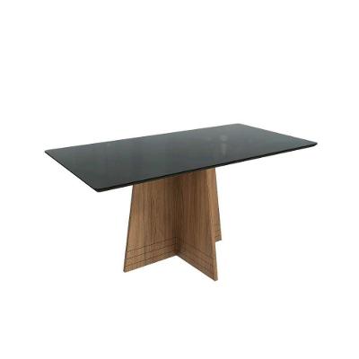 Mesa De Sala Jantar Lótus Com Tampo Madeirado Com Vidro 90x180cm Nogueira Preto Fosco Vidro Preto Kappesberg
