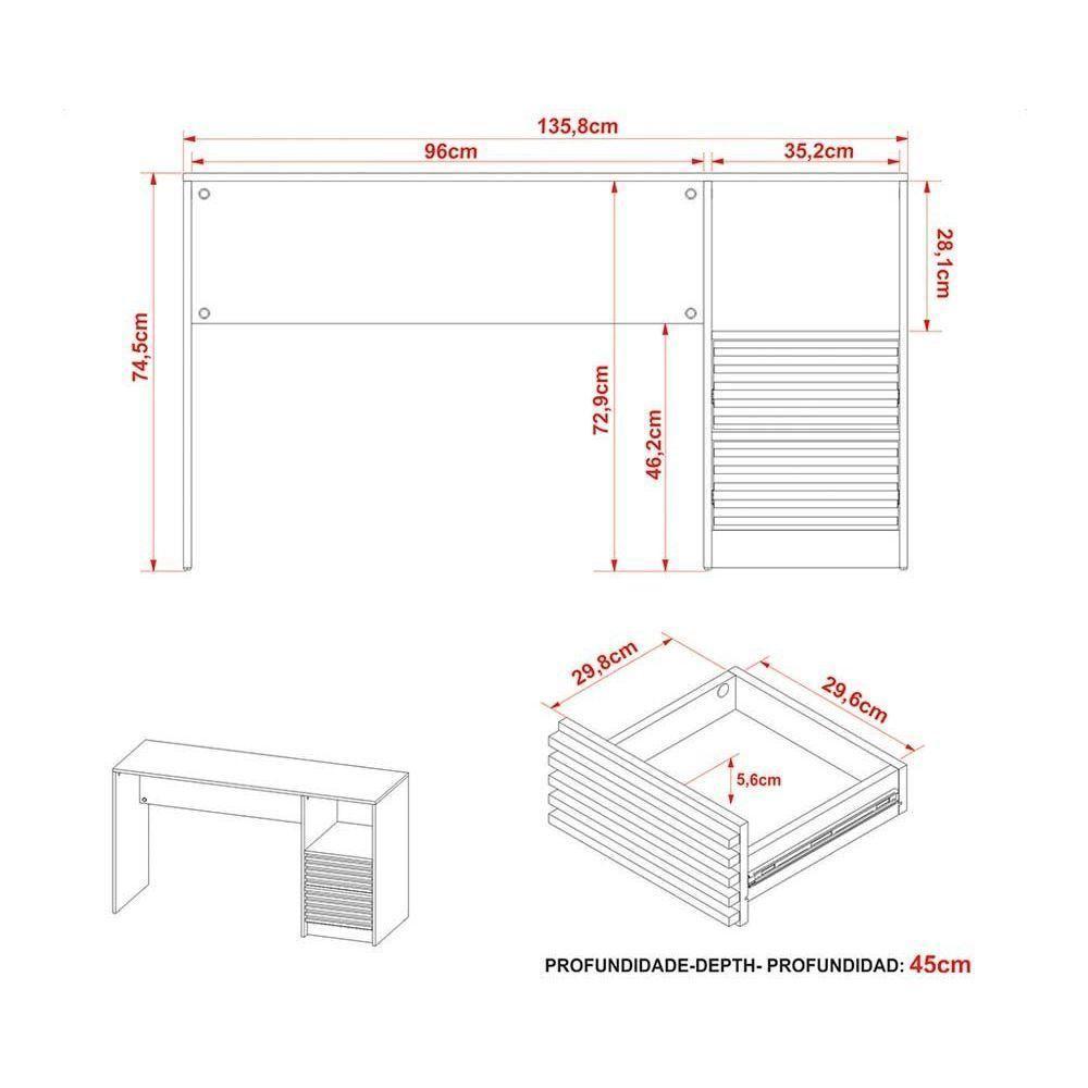 Mesa Computador Escrivaninha Com Gaveteiro Ripado Me4174 Branco Tecno Mobili - 4