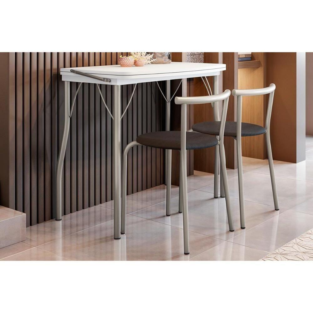 Conjunto Mesa Sala Jantar Dobrável E 2 Banquetas 105 Prata Branco Prata Preto Carraro - 1