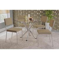 Conjunto Mesa Sala Jantar Volga Com Tampo De Vidro 90cm E 4 Cadeiras Zaria Cromada Boucle Bege Kappesberg - 1