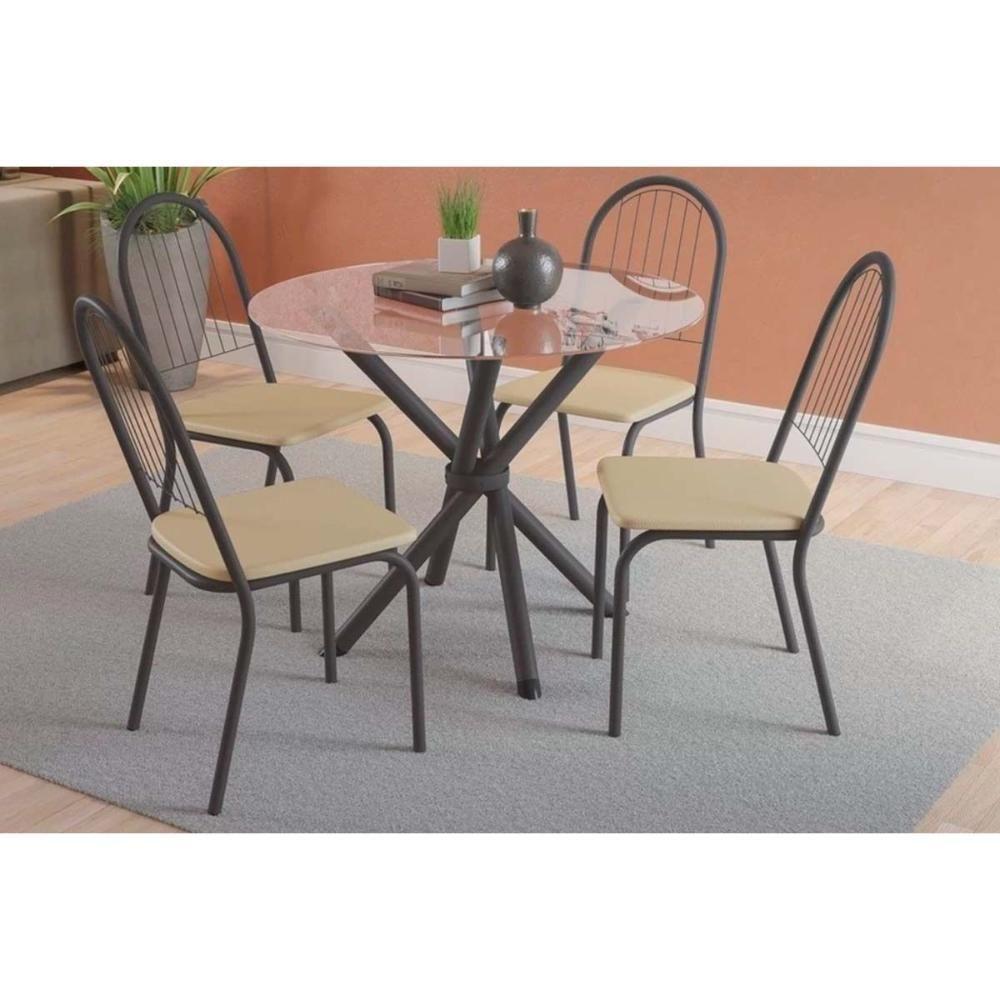 Conjunto Mesa De Cozinha Volga Com Tampo De Vidro 95x95cm E 4 Cadeiras Noruega Preto Fosco Capuccino Kappesberg - 1