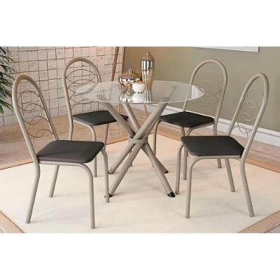 Conjunto Mesa Sala Jantar Volga Com Tampo De Vidro 95cm E 4 Cadeiras Holanda Niquel Preto Kappesberg