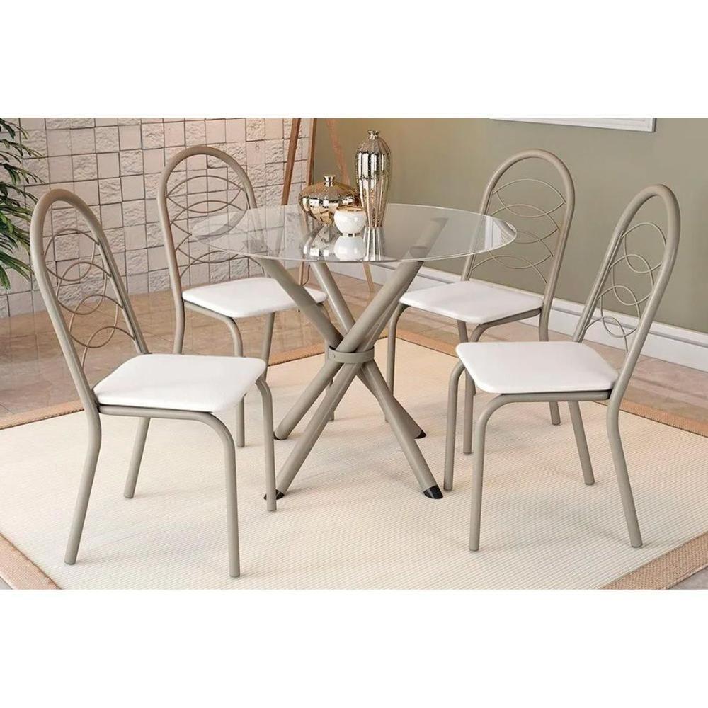Conjunto Mesa Sala Jantar Volga Com Tampo De Vidro 95cm E 4 Cadeiras Holanda Niquel Branco Kappesberg - 1
