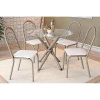 Conjunto Mesa Sala Jantar Volga Com Tampo De Vidro 95cm E 4 Cadeiras Holanda Niquel Branco Kappesberg - 1