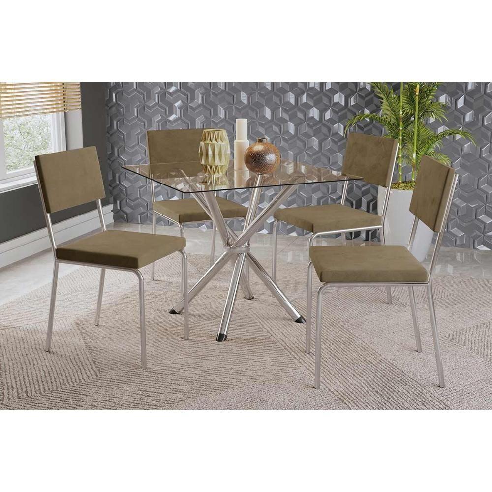 Conjunto Mesa Sala Jantar Volga Com Tampo De Vidro 90cm E 4 Cadeiras Zaria Cromada Suede Bege Kappesberg - 1