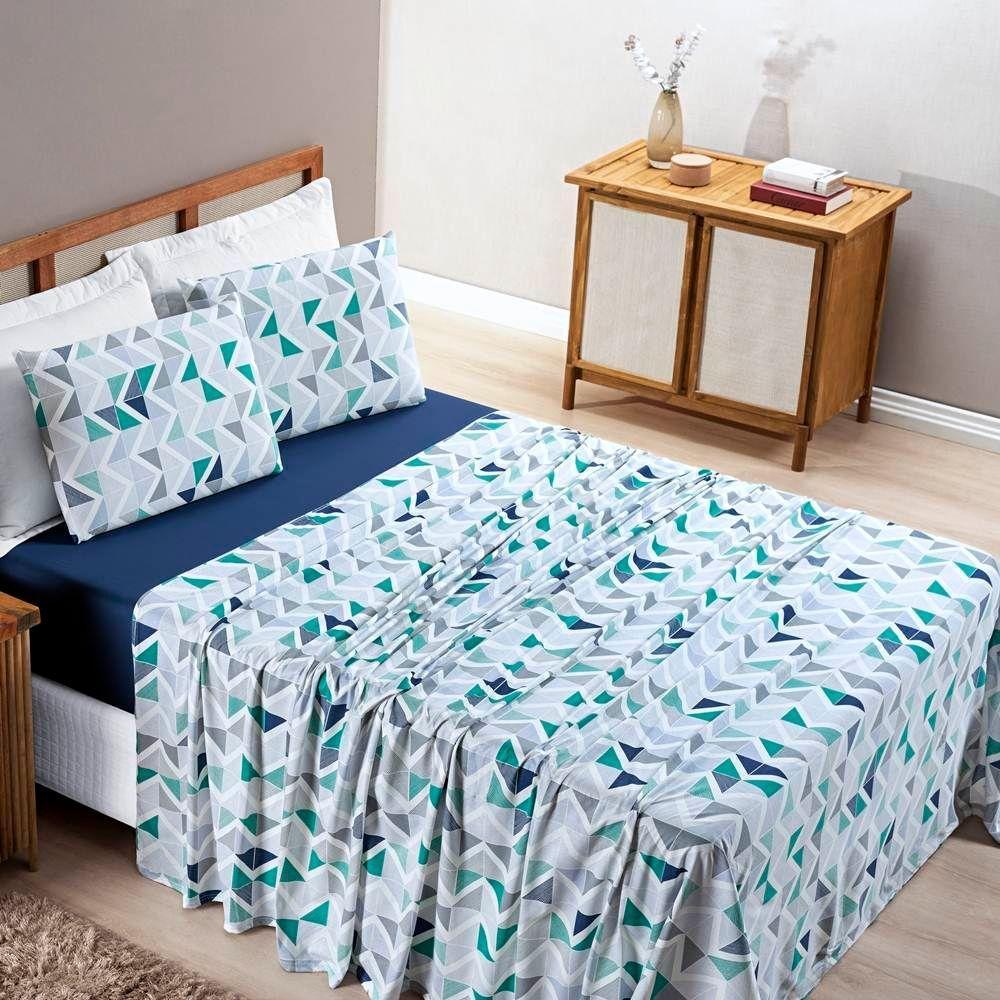 Jogo De Lençol Casal Malha 100% Algodão 4 Peças Geométrico Azul - 1
