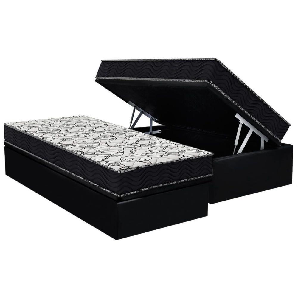 Cama Box Baú Solteiro: Colchão Espuma D45 Ortobom - Airtech 150 + Base Crc Suede Black (88x188) - 1