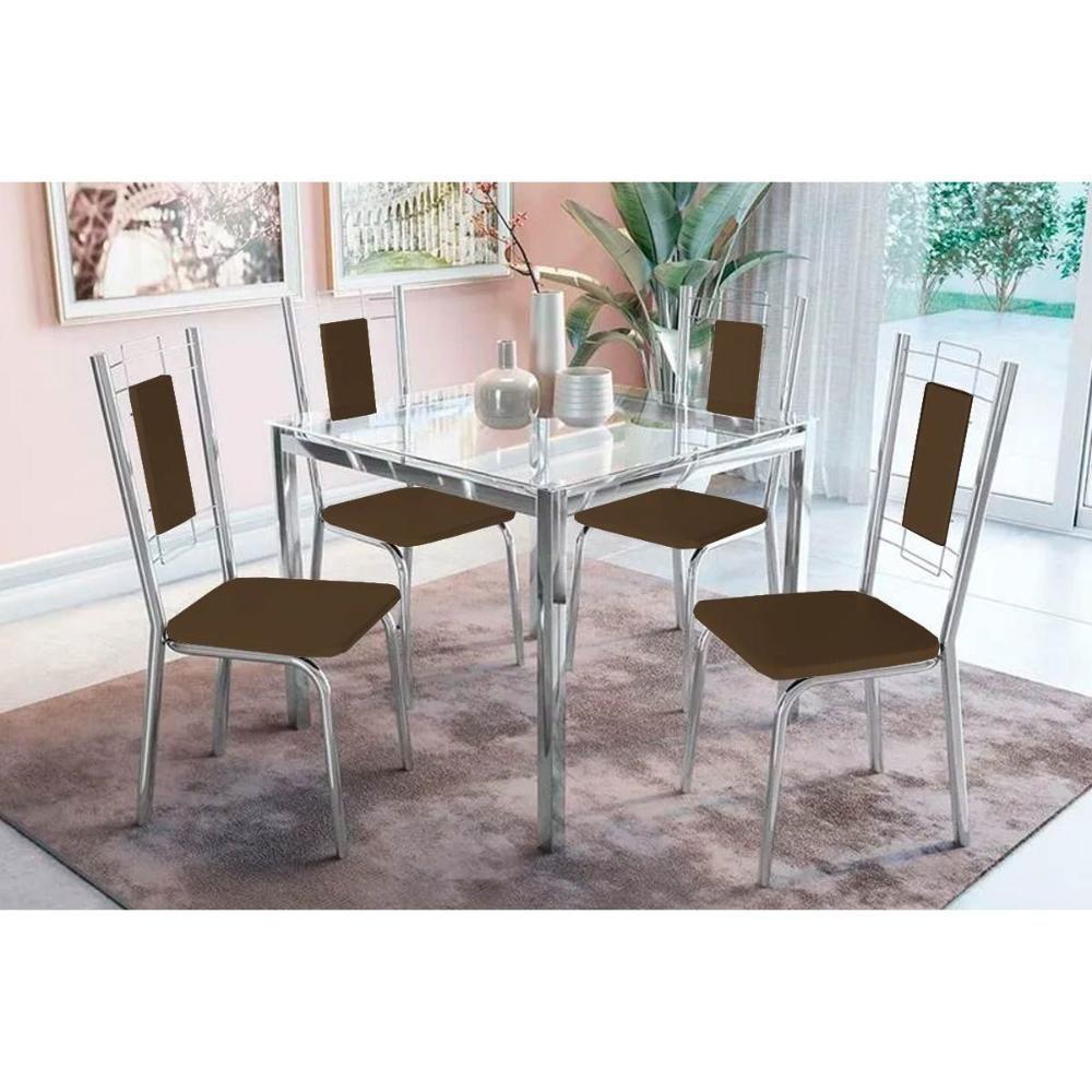Conjunto Mesa Sala Jantar Reno Com Tampo De Vidro 90x90cm E 4 Cadeiras Lisboa Cromado Marrom Kappesberg - 1