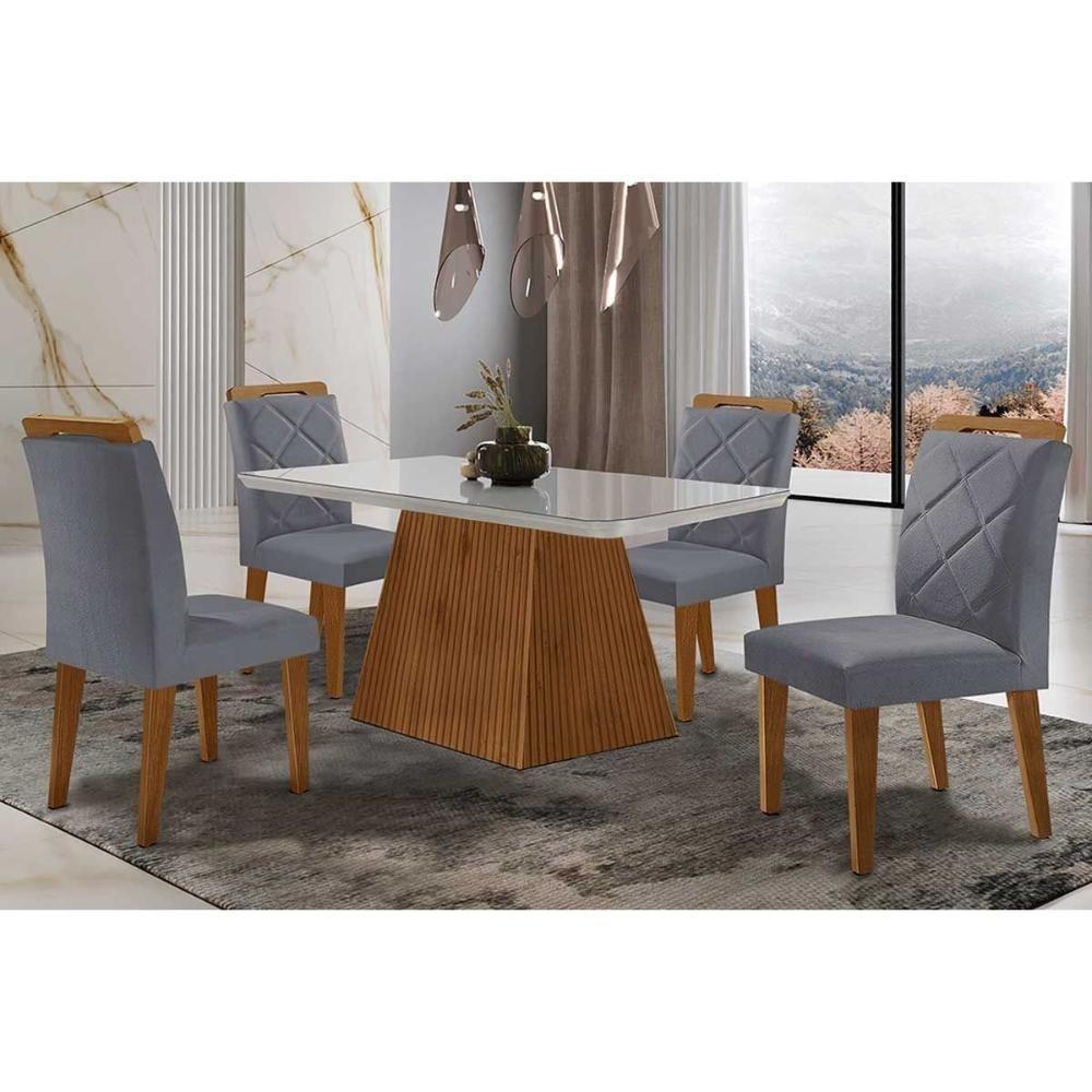 Sala De Jantar Luna Tampo Madeirado Com Vidro Curvo 120x80 E 4 Cadeiras Melissa Imbuia Veludo Grafite Rufato - 1