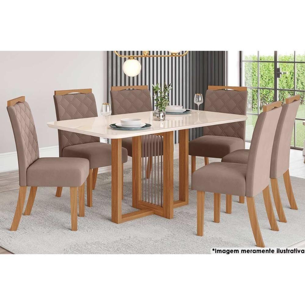 Sala De Jantar Natali Com Tampo Madeirado Com Vidro Curvo 160x90cm E 6 Cadeiras Bella Nature Marrom Amêndoa - 1