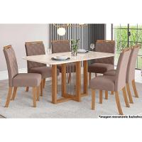 Sala De Jantar Natali Com Tampo Madeirado Com Vidro Curvo 160x90cm E 6 Cadeiras Bella Nature Marrom Amêndoa - 1