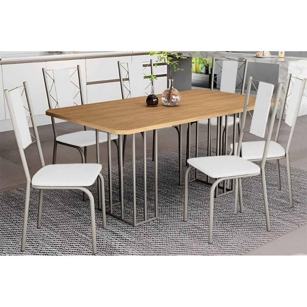 Sala De Jantar Duina Com Tampo De Madeira 160cm E 6 Cadeiras Lisboa Niquel Freijó Courano Branco - 1