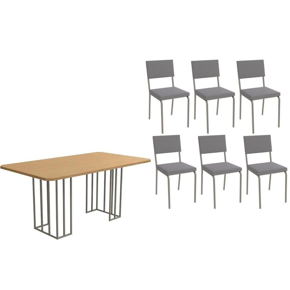 Sala De Jantar Duina Com Tampo De Madeira 160cm E 6 Cadeiras Zaria Niquel Freijó Suede Cinza - 1