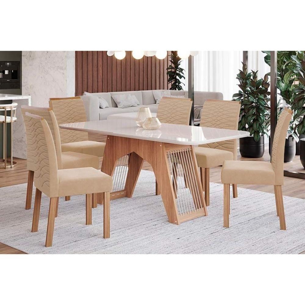 Sala De Jantar Carol Tampo Madeirado Com Vidro 180x90cm E 6 Cadeiras Clarice Nature Madeirado Linho Bege Cimol - 1