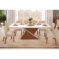 Sala De Jantar Zafira Tampo Madeirado Com Vidro Curvo 200x100cm E 8 Cadeiras Jade Freijo Off White Linho Neve - 1