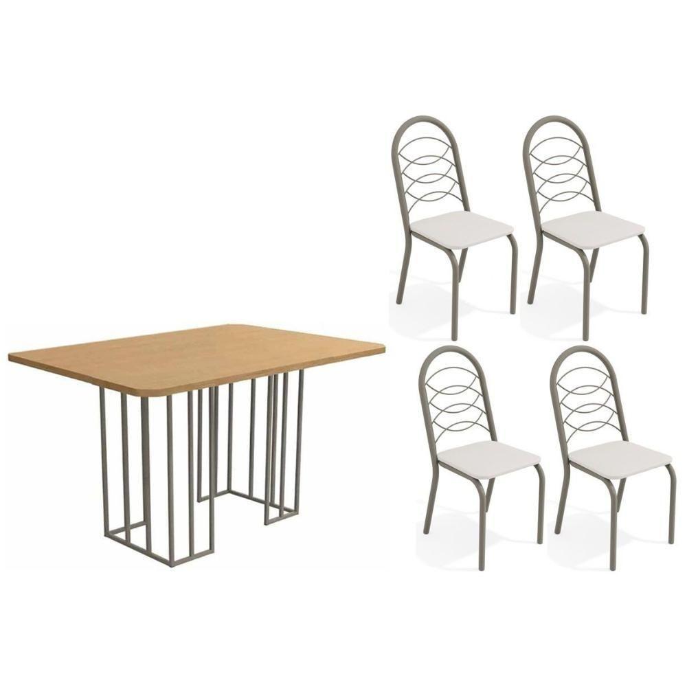 Sala De Jantar Duina Com Tampo De Madeira 136cm E 4 Cadeiras Holanda Niquel Freijó Courano Branco - 1