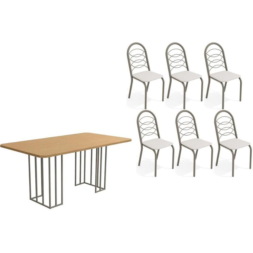 Sala De Jantar Duina Com Tampo De Madeira 160cm E 6 Cadeiras Holanda Niquel Freijó Courano Branco - 1