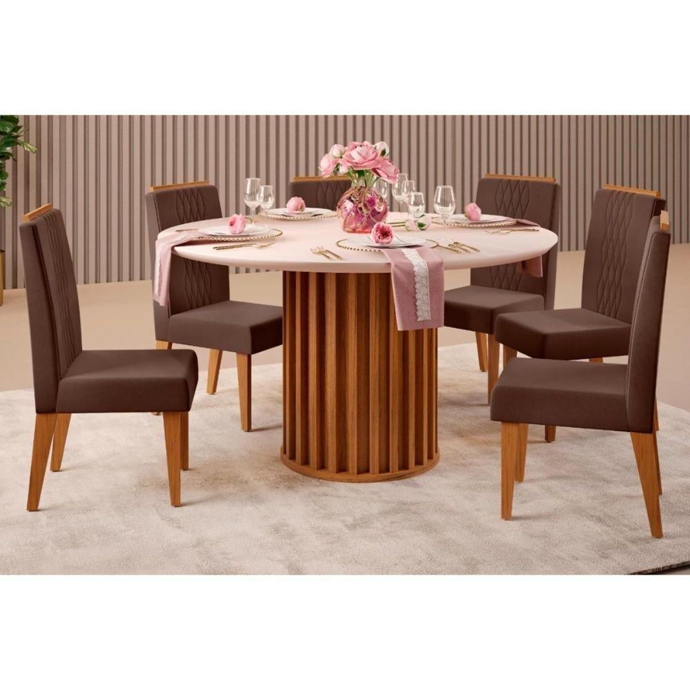 Sala De Jantar Viena Tampo Madeirado Com Vidro 136cm E 6 Cadeiras Lia Freijo Off White Suede Moca - 1
