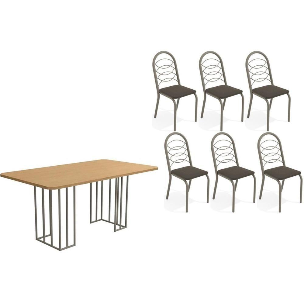 Sala De Jantar Duina Com Tampo De Madeira 160cm E 6 Cadeiras Holanda Niquel Freijó Courano Marrom - 1
