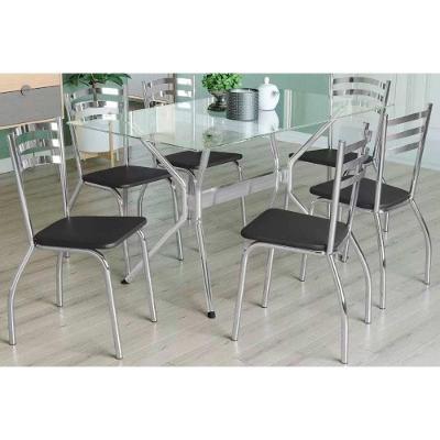 Sala De Jantar Loire Com Tampo De Vidro 80x140cm E 6 Cadeiras Noruega Cromada Preto