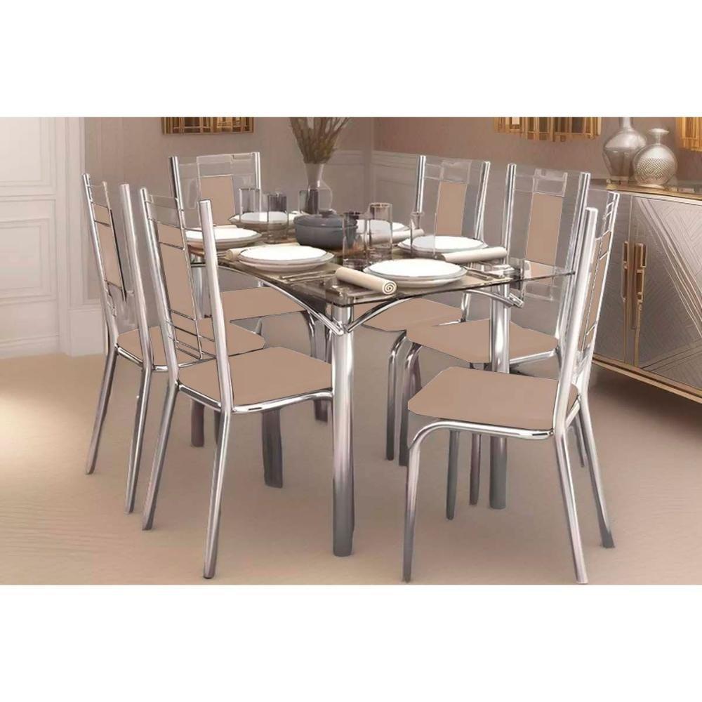 Sala De Jantar Elba Com Tampo De Vidro 80x150cm E 6 Cadeiras Florença Cromada Courano Bege - 1