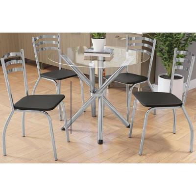 Conjunto Mesa Sala Jantar Volga Com Tampo De Vidro 95x95cm E 4 Cadeiras Portugal Cromada Preto Kappesberg