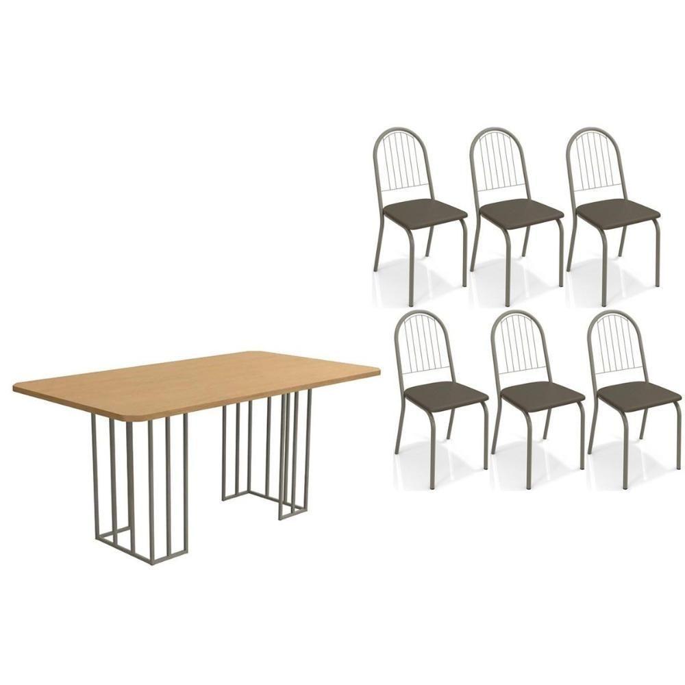 Sala De Jantar Duina Com Tampo De Madeira 160cm E 6 Cadeiras Noruega Niquel Freijó Courano Marrom - 1