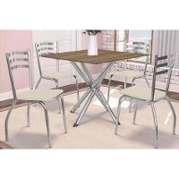 Conjunto Mesa Sala Jantar Volga Com Tampo De Madeira 90cm E 4 Cadeiras Portugal Cromada Nogueira Bege Kappesberg - 1