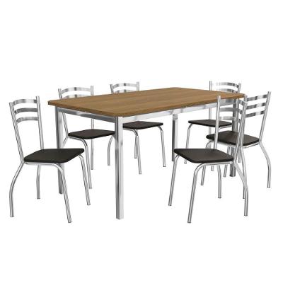 Conjunto Mesa Sala Jantar Reno Com Tampo Madeira 160cm E 6 Cadeiras Portugal Cromada Nude 16 Kappesberg