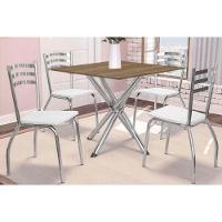 Conjunto Mesa Sala Jantar Volga Com Tampo De Madeira 90cm E 4 Cadeiras Portugal Cromada Nogueira Branco Kappesberg - 1