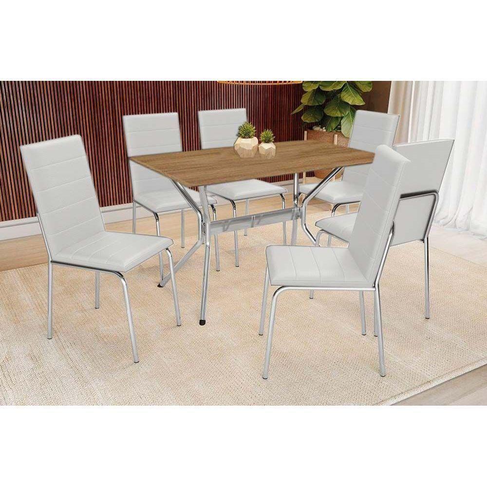 Conjunto Mesa Sala Jantar Loire Com Tampo De Madeira 160cm E 6 Cadeiras Amsterdã Cromada Branco 106 Kappesberg - 1