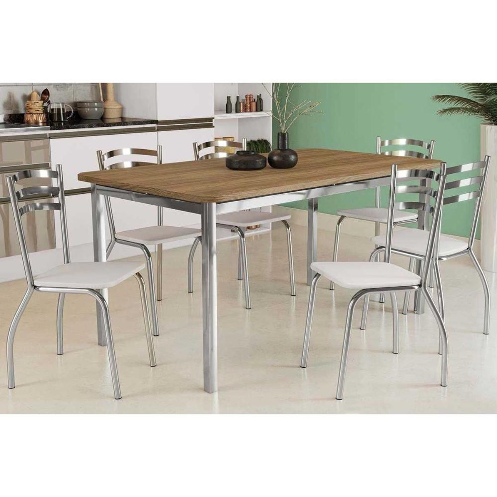 Conjunto Mesa Sala Jantar Reno Com Tampo Madeira 160cm E 6 Cadeiras Portugal Cromada Branco 106 Kappesberg - 1