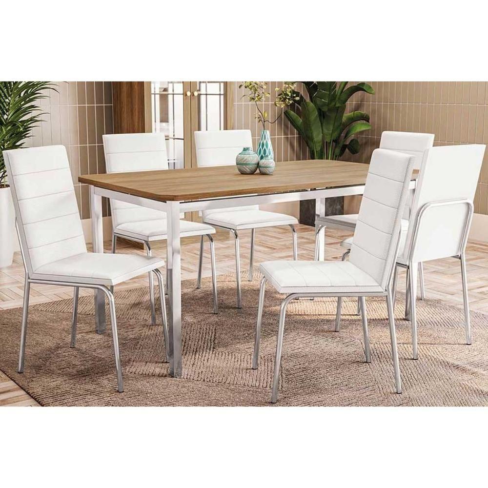 Conjunto Mesa Sala Jantar Reno Com Tampo De Madeira 160cm E 6 Cadeiras Amsterdã Cromada Branco 106 Kappesberg - 1