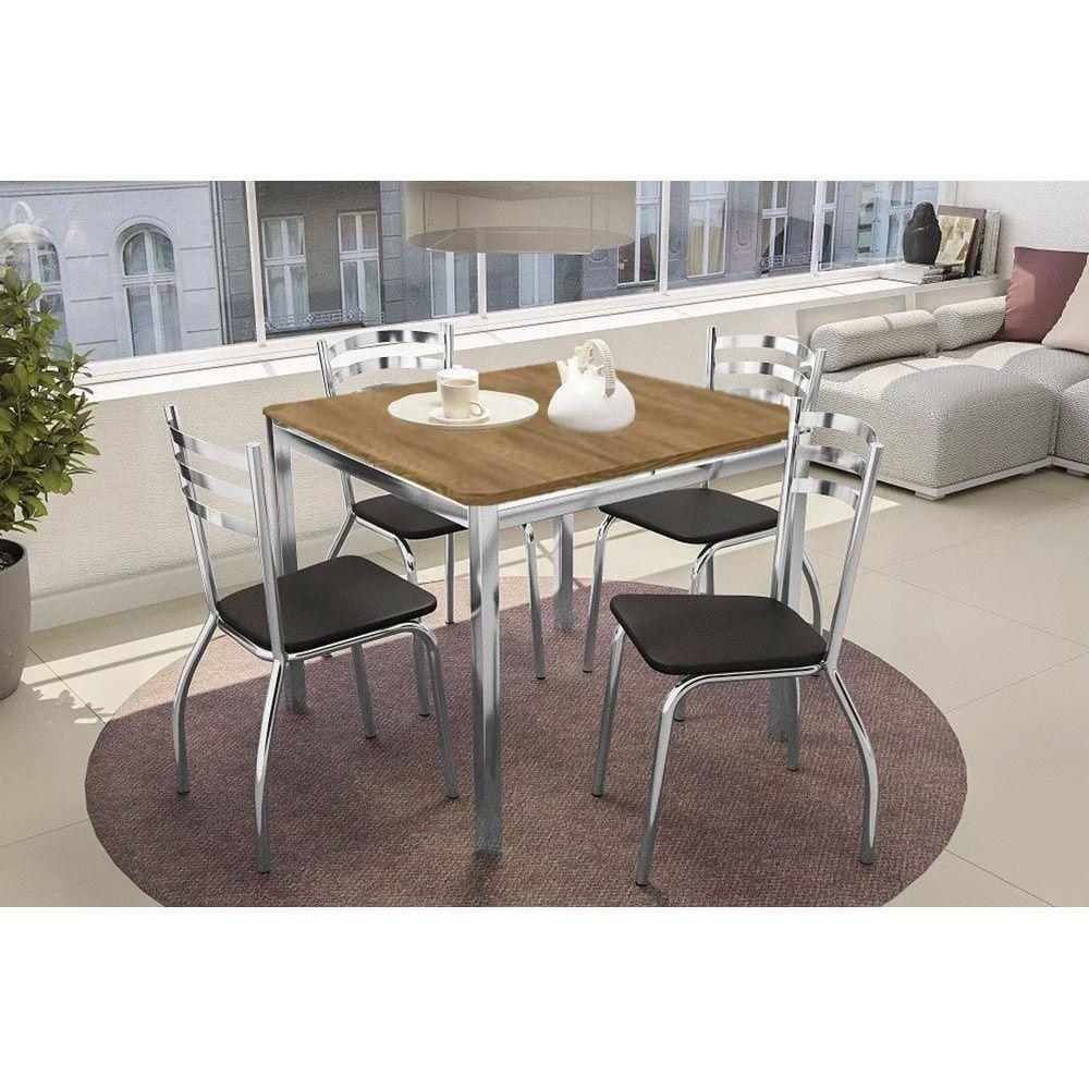 Conjunto Mesa Sala Jantar Reno Com Tampo De Madeira 90cm E 4 Cadeiras Portugal Cromada Preto 110 Kappesberg - 1
