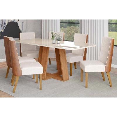 Conjunto Mesa Sala Jantar Lins Com Tampo Madeirado Com Vidro Curvo 200x90cm E 6 Cadeiras Anne Nature Courano Linho Henn
