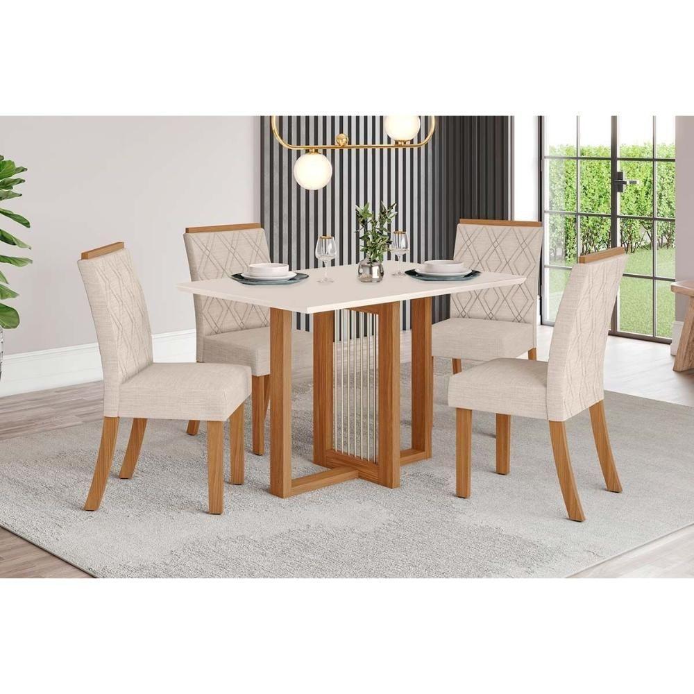 Conjunto Mesa Sala Jantar Natalí Com Tampo Madeirado 120x80cm E 4 Cadeiras Vita Nature Off White Linho Bege Henn - 1