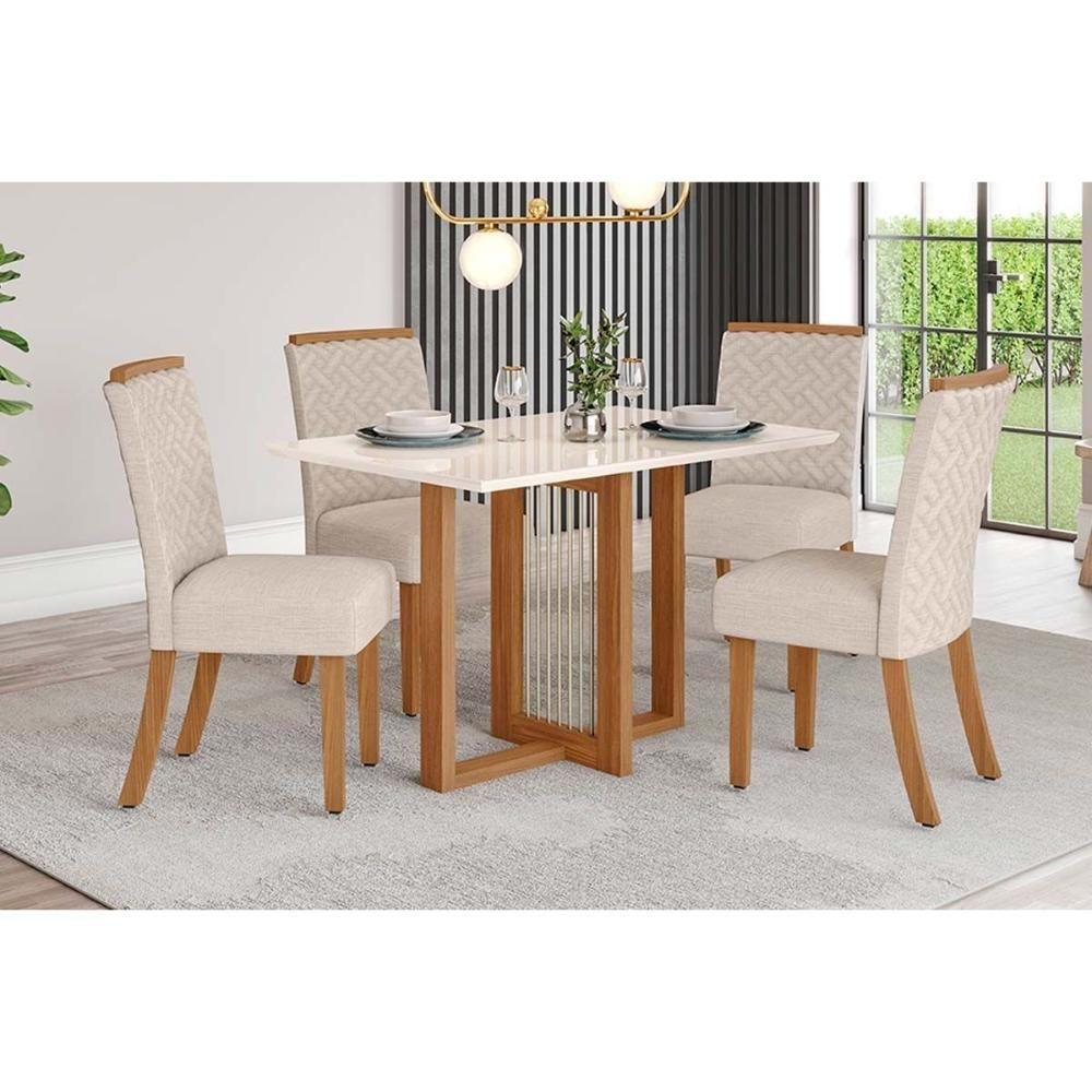 Conjunto Mesa Sala Jantar Natalí Com Tampo Madeirado Com Vidro Reto 120x80cm E 4 Cadeiras Malu Nature Linho Henn - 1