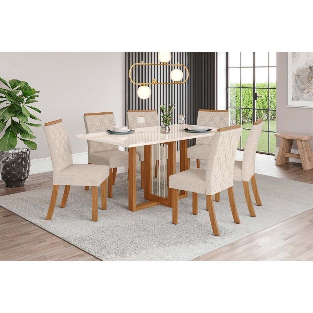 Conjunto Mesa Sala Jantar Natalí Com Tampo Madeirado Com Vidro Reto 160x90cm E 6 Cadeiras Vita Nature Linho Henn - 1