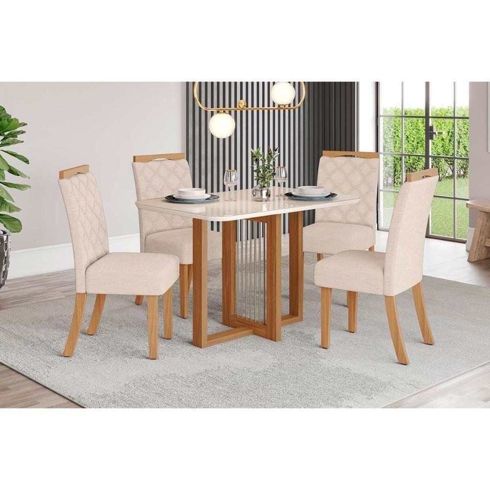 Conjunto Mesa Sala Jantar Natalí Com Tampo Madeirado Com Vidro Curvo 120x80cm E 4 Cadeiras Bella Nature Linho Henn - 1