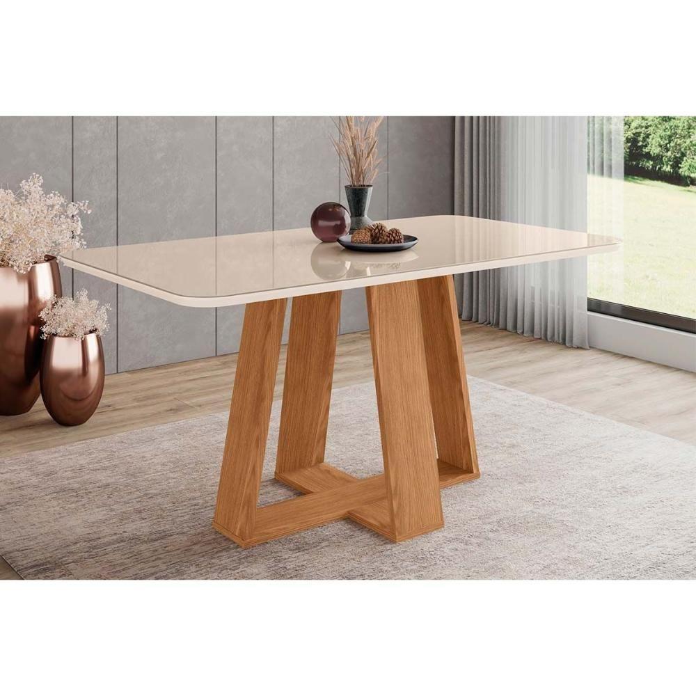 Mesa Para Cozinha Lins Sc92 Com Tampo Madeirado Com Vidro Curvo 160x90cm Nature Off White Henn - 1