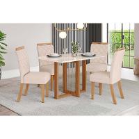 Conjunto Mesa Sala Jantar Natalí Com Tampo Madeirado Com Vidro Reto 120x80cm E 4 Cadeiras Bella Nature Linho Henn - 1