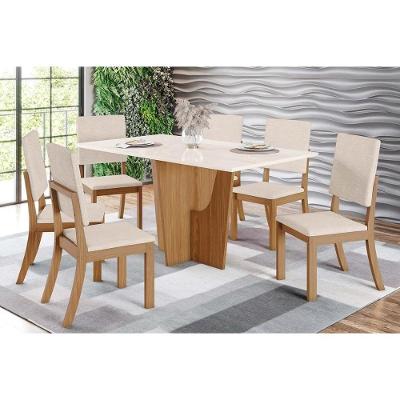 Conjunto Mesa Sala Jantar Vértice Tampo Madeirado Com Vidro 160x80cm E 6 Cadeiras Milla Nature Linho Henn