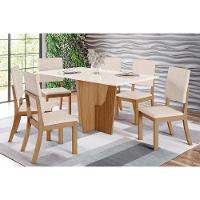 Conjunto Mesa Sala Jantar Vértice Tampo Madeirado Com Vidro 160x80cm E 6 Cadeiras Milla Nature Linho Henn - 1