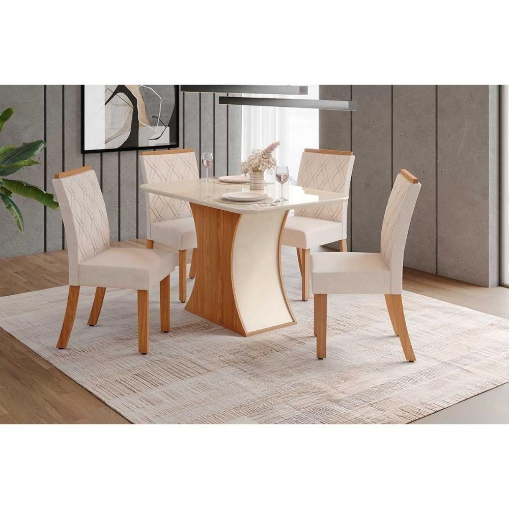 Conjunto Mesa Sala Jantar Luiza Com Tampo De Vidro 120x80cm E 4 Cadeiras Vita Nature Off White Linho Bege Henn - 1