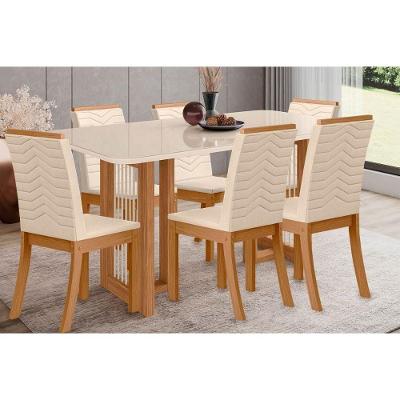 Conjunto Mesa Sala Jantar Yara Sc79 Tampo Madeirado Com Vidro Canto Curvo 160x90cm E 6 Cadeiras Isa Nature Linho Henn