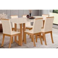 Conjunto Mesa Sala Jantar Yara Sc79 Tampo Madeirado Com Vidro Canto Curvo 160x90cm E 6 Cadeiras Isa Nature Linho Henn - 1