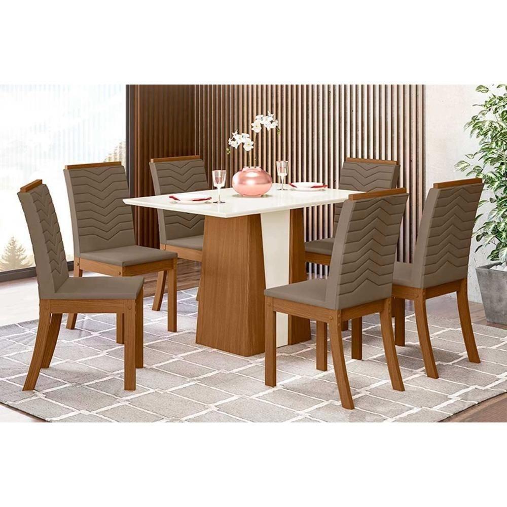Conjunto Mesa Sala Jantar Orus Tampo Madeirado Com Vidro 120x80cm E 6 Cadeiras Isa Nature Suede Light Bege Henn - 1