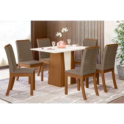 Conjunto Mesa Sala Jantar Orus Tampo Madeirado Com Vidro 120x80cm E 6 Cadeiras Isa Nature Suede Light Bege Henn