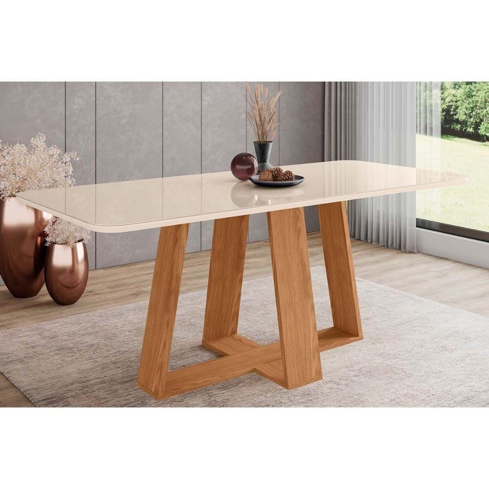 Mesa Para Cozinha Lins Sc96 Com Tampo Madeirado Com Vidro Curvo 200x90cm Nature Off White Henn - 1